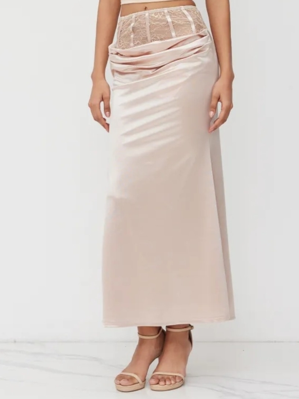 Lace-Trim Satin Maxi Skirt - Blush Pink